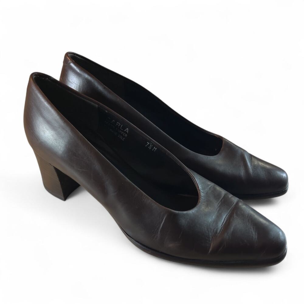 Brioso Brown Leather Low Block Heels Made in Italy Women's Size 7.5 M Carla